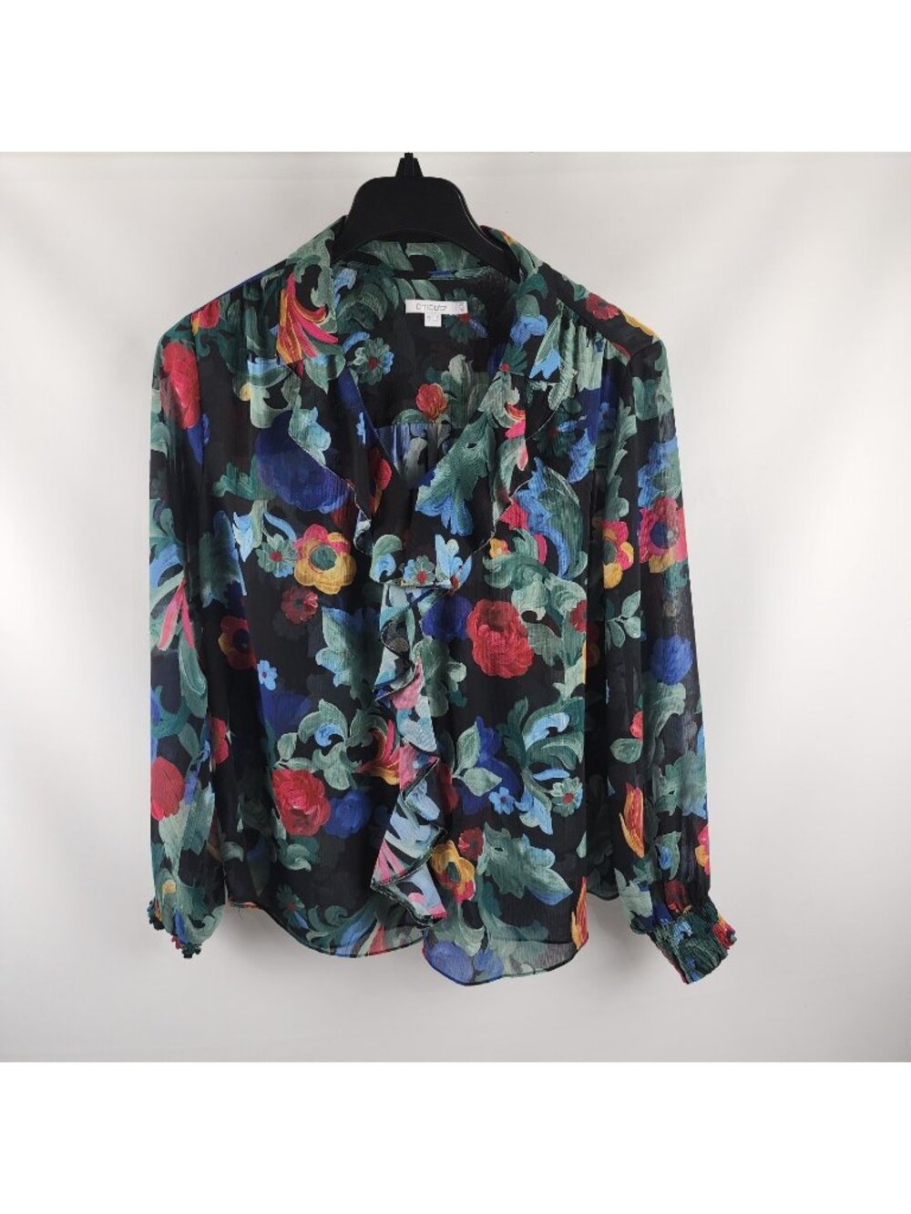 Chicos Top Womens 3.5=18 Multi Floral Chiffon Blouse Ruffled Collar